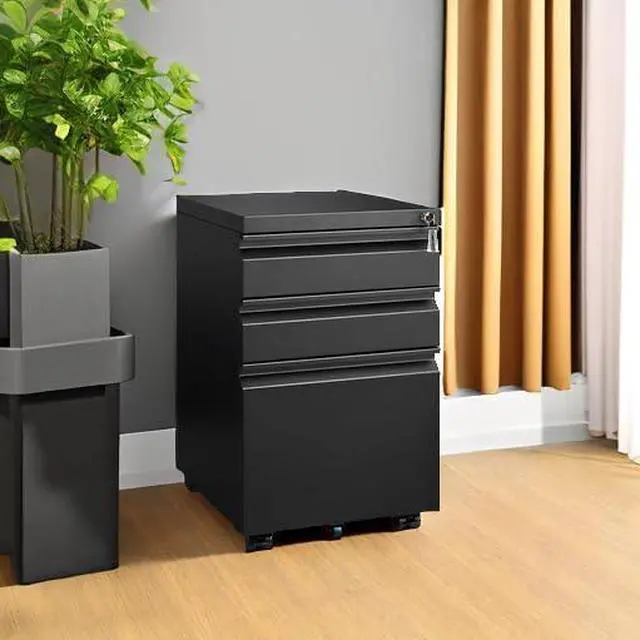 Alt view image 2 of 7 - 3 Drawer File Cabinet for Home Office, Under Desk Mobile Filing Cabinet with Lock for A4-Size/Letter-Size/Legal-Size, Black (HSEJ-3D)