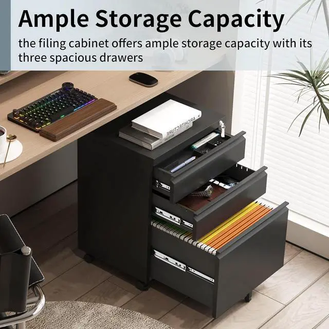 Alt view image 5 of 7 - 3 Drawer File Cabinet for Home Office, Under Desk Mobile Filing Cabinet with Lock for A4-Size/Letter-Size/Legal-Size, Black (HSEJ-3D)