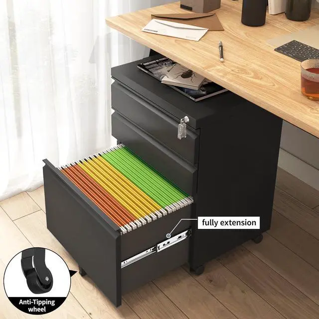Alt view image 6 of 7 - 3 Drawer File Cabinet for Home Office, Under Desk Mobile Filing Cabinet with Lock for A4-Size/Letter-Size/Legal-Size, Black (HSEJ-3D)