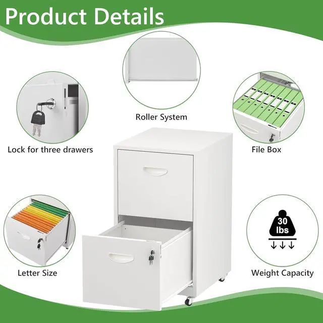 Alt view image 5 of 7 - 2 Drawer Rolling File Cabinet with Lock,Filing Cabinets for Home Office,Two Drawer File Cabinet, Mobile Under Desk Cabinets,Black Printer Stand with Wheels Fit Letter/A4,Assembly Required