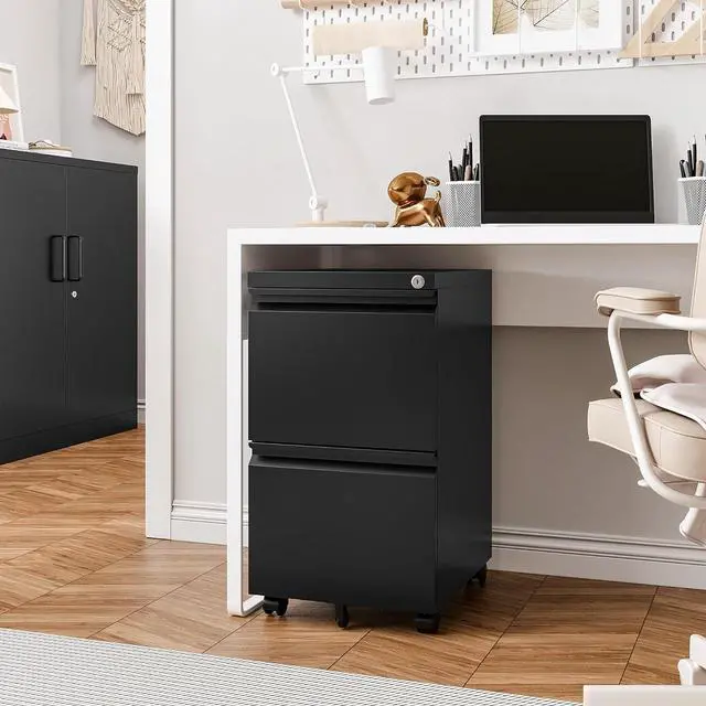 Alt view image 2 of 7 - Mobile File Cabinet with Lock - 2 Drawer, Small Rolling Cabinet for Home Office, Legal/Letter/A4 (Black)