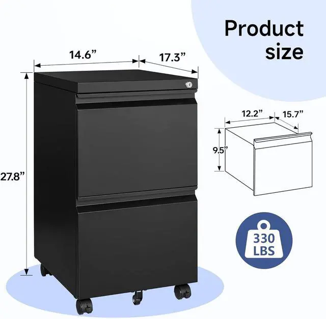Alt view image 3 of 7 - Mobile File Cabinet with Lock - 2 Drawer, Small Rolling Cabinet for Home Office, Legal/Letter/A4 (Black)