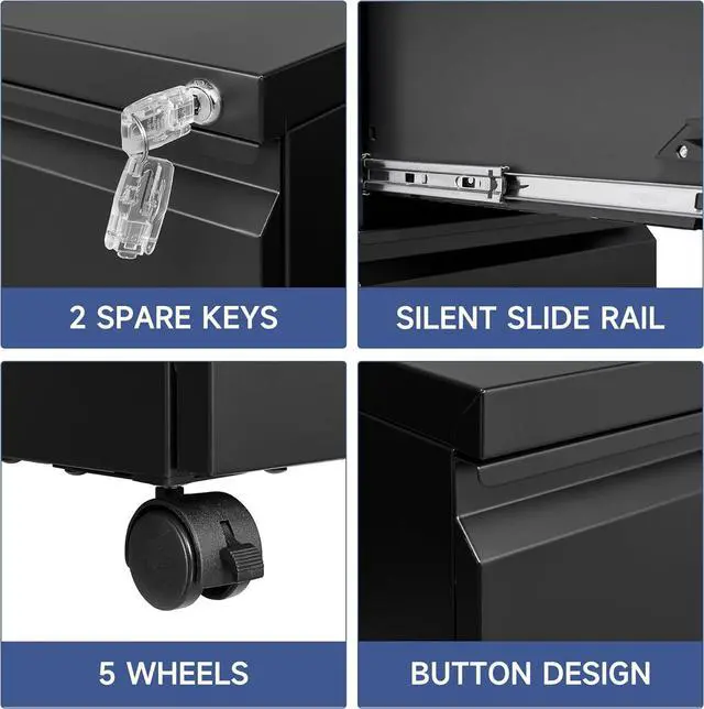 Alt view image 6 of 7 - Mobile File Cabinet with Lock - 2 Drawer, Small Rolling Cabinet for Home Office, Legal/Letter/A4 (Black)