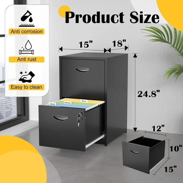 Alt view image 3 of 7 - 2 Drawer Metal Office File Cabinet with Lock, Black