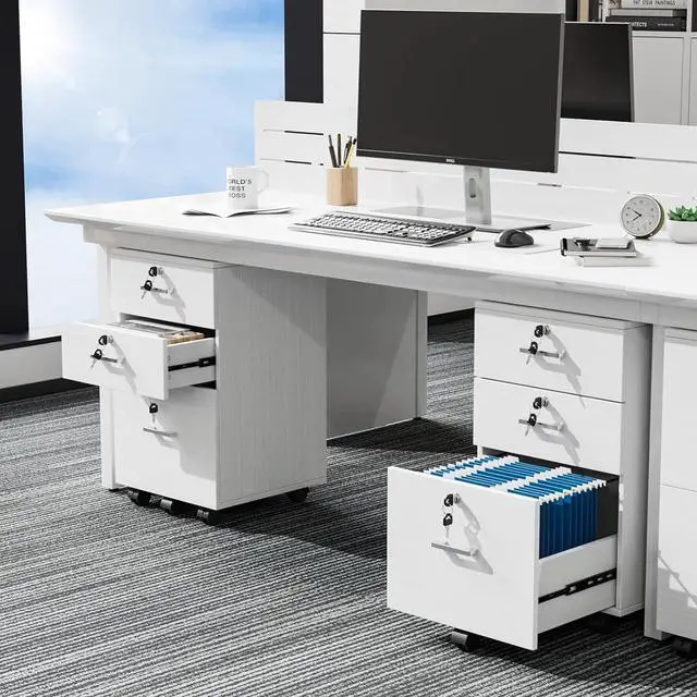 Alt view image 2 of 7 - 3-Drawer File Cabinet with Lock, Wood Rolling Filing Cabinets for Home Office, Mobile Printer Stand, Under Desk File Organizer for Letter Sized Files, 26" H(Caster Included), White