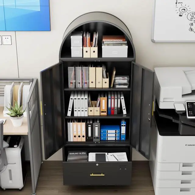 Alt view image 2 of 7 - Lateral File Cabinet, 73" Black Filing Storage Cabinet with 1 Lockable Drawer, Metal Arched Cabinets with Doors, Arched Bookcase with 2 Adjustable Shelves for Office, Home, Assembly Required