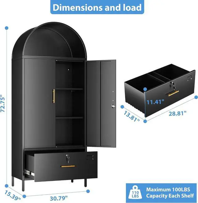 Alt view image 3 of 7 - Lateral File Cabinet, 73" Black Filing Storage Cabinet with 1 Lockable Drawer, Metal Arched Cabinets with Doors, Arched Bookcase with 2 Adjustable Shelves for Office, Home, Assembly Required