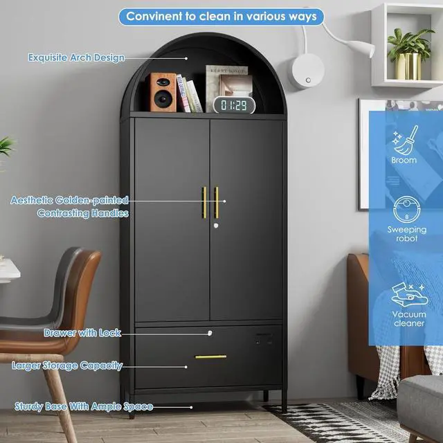 Alt view image 4 of 7 - Lateral File Cabinet, 73" Black Filing Storage Cabinet with 1 Lockable Drawer, Metal Arched Cabinets with Doors, Arched Bookcase with 2 Adjustable Shelves for Office, Home, Assembly Required