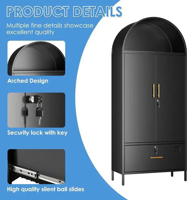 Alt view image 6 of 7 - Lateral File Cabinet, 73" Black Filing Storage Cabinet with 1 Lockable Drawer, Metal Arched Cabinets with Doors, Arched Bookcase with 2 Adjustable Shelves for Office, Home, Assembly Required