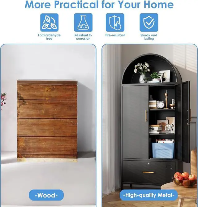 Alt view image 7 of 7 - Lateral File Cabinet, 73" Black Filing Storage Cabinet with 1 Lockable Drawer, Metal Arched Cabinets with Doors, Arched Bookcase with 2 Adjustable Shelves for Office, Home, Assembly Required