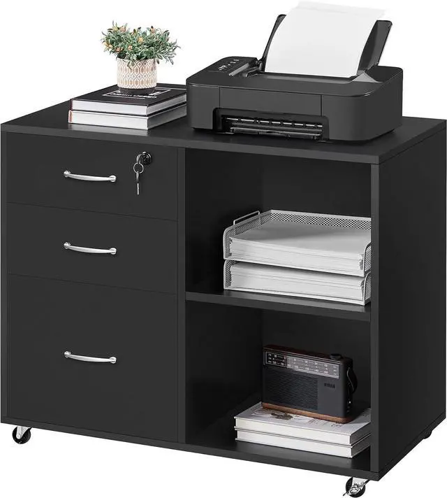 Main image of Black File Cabinet with Lock for Letter, A4 Size,3 Drawer Lateral Cabinet Printer Stand with Open Storage Compartments for Home Office, Black