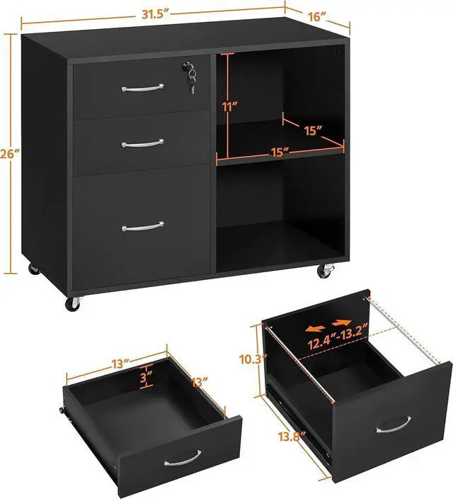 Alt view image 3 of 7 - Black File Cabinet with Lock for Letter, A4 Size,3 Drawer Lateral Cabinet Printer Stand with Open Storage Compartments for Home Office, Black