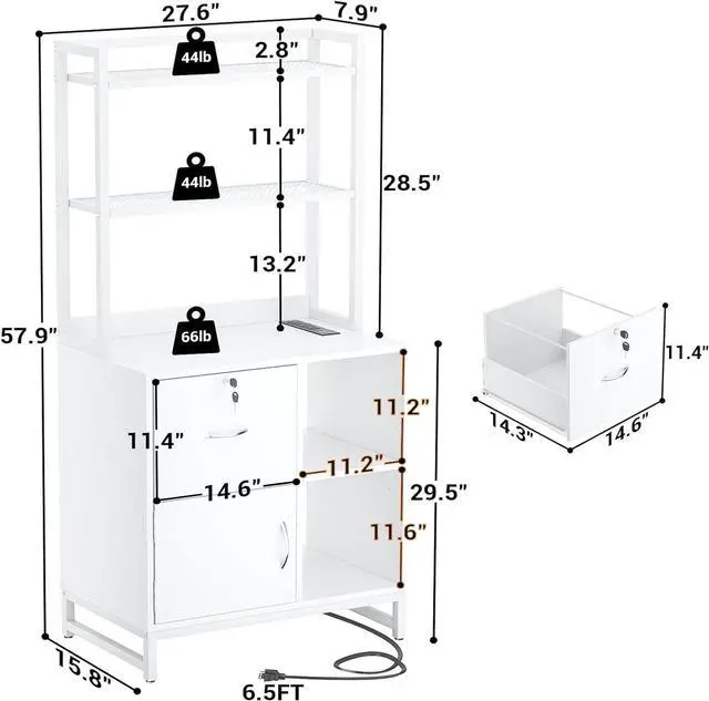 Alt view image 2 of 7 - Vertical Filing Cabinet with Lock & Charging Station, Large Drawer Wood File Cabinet with Bookshelf, Printer Stand with Open Storage Shelf, fits Letter Size for Home Office, White