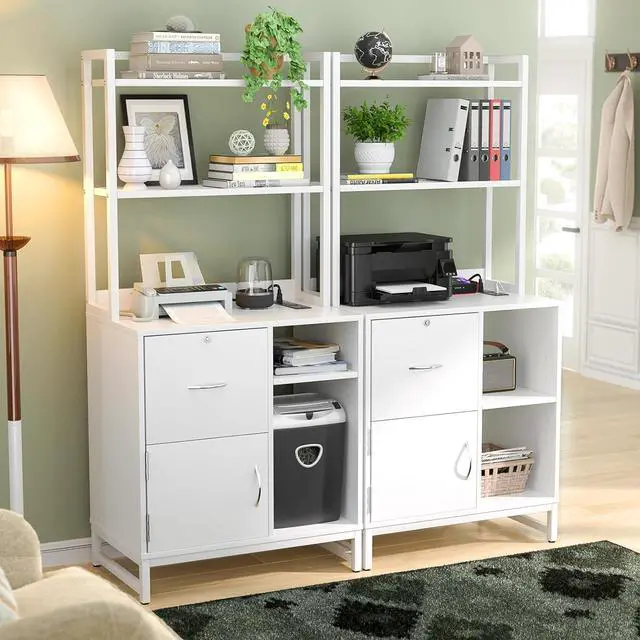 Alt view image 4 of 7 - Vertical Filing Cabinet with Lock & Charging Station, Large Drawer Wood File Cabinet with Bookshelf, Printer Stand with Open Storage Shelf, fits Letter Size for Home Office, White