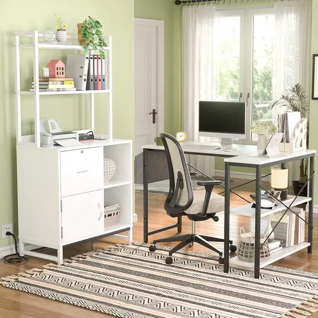 Alt view image 5 of 7 - Vertical Filing Cabinet with Lock & Charging Station, Large Drawer Wood File Cabinet with Bookshelf, Printer Stand with Open Storage Shelf, fits Letter Size for Home Office, White