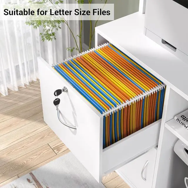 Alt view image 6 of 7 - Vertical Filing Cabinet with Lock & Charging Station, Large Drawer Wood File Cabinet with Bookshelf, Printer Stand with Open Storage Shelf, fits Letter Size for Home Office, White