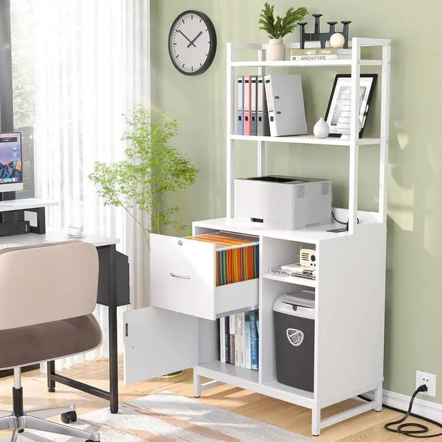 Alt view image 7 of 7 - Vertical Filing Cabinet with Lock & Charging Station, Large Drawer Wood File Cabinet with Bookshelf, Printer Stand with Open Storage Shelf, fits Letter Size for Home Office, White