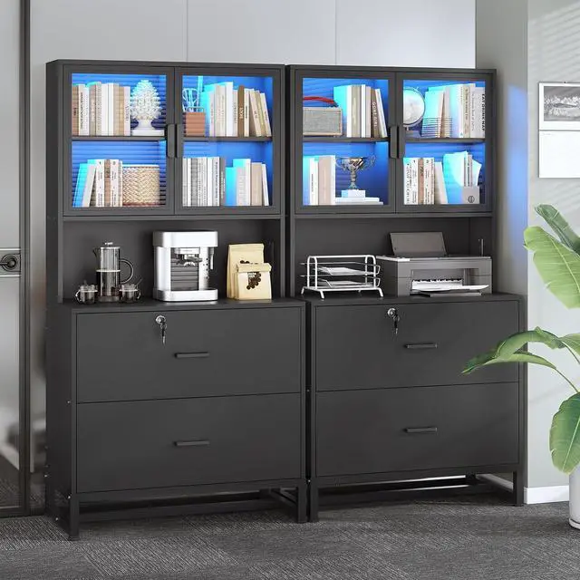 Alt view image 4 of 7 - 2 Drawer File Cabinet with Lock & Charging Station, Filing Cabinet Fits Letter, Legal, A4 Size, Wood File Cabinets for Home Office with Bookshelf, Printer Stand with Storage Shelf, Black
