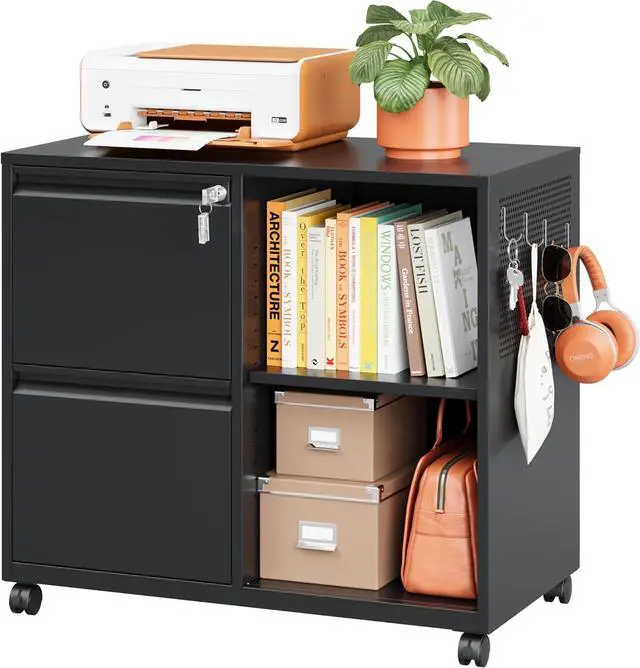 Main image of Mobile Lateral File Cabinet,2 Drawer Filing Cabinet with Lock fits A4/F4 or Letter Size for Home Office,Metal Rolling Printer Stand with Open Storage Adjustable Shelves(Black)