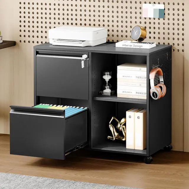Alt view image 2 of 7 - Mobile Lateral File Cabinet,2 Drawer Filing Cabinet with Lock fits A4/F4 or Letter Size for Home Office,Metal Rolling Printer Stand with Open Storage Adjustable Shelves(Black)