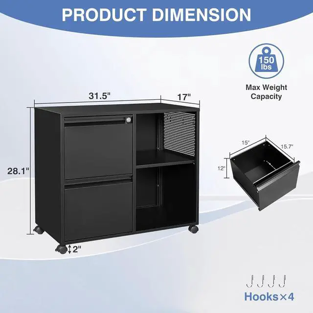 Alt view image 3 of 7 - Mobile Lateral File Cabinet,2 Drawer Filing Cabinet with Lock fits A4/F4 or Letter Size for Home Office,Metal Rolling Printer Stand with Open Storage Adjustable Shelves(Black)