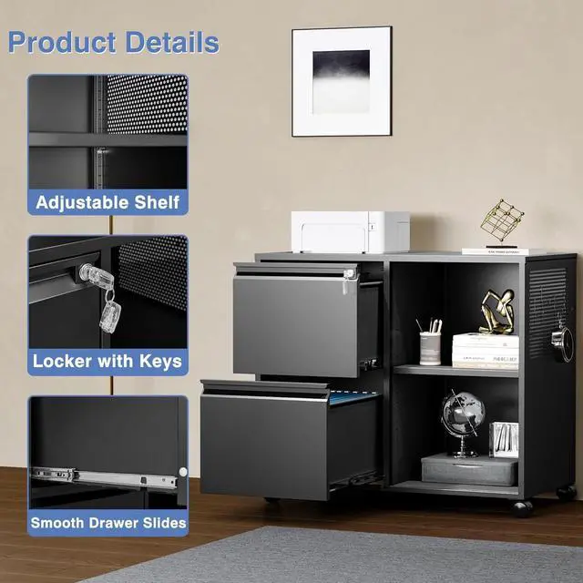 Alt view image 5 of 7 - Mobile Lateral File Cabinet,2 Drawer Filing Cabinet with Lock fits A4/F4 or Letter Size for Home Office,Metal Rolling Printer Stand with Open Storage Adjustable Shelves(Black)