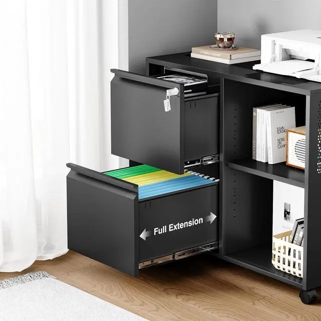 Alt view image 6 of 7 - Mobile Lateral File Cabinet,2 Drawer Filing Cabinet with Lock fits A4/F4 or Letter Size for Home Office,Metal Rolling Printer Stand with Open Storage Adjustable Shelves(Black)