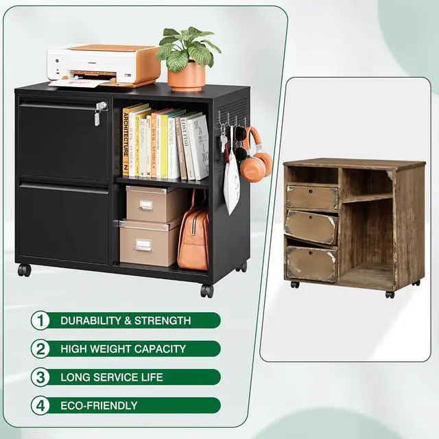 Alt view image 7 of 7 - Mobile Lateral File Cabinet,2 Drawer Filing Cabinet with Lock fits A4/F4 or Letter Size for Home Office,Metal Rolling Printer Stand with Open Storage Adjustable Shelves(Black)