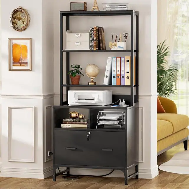 Main image of File Cabinet with Charging Station, Vertical Filing Cabinet with Lock & Large Drawer, Printer Stand with Storage Shelves, Office Storage Cabinet fits Letter/A4/Legal Size, Black