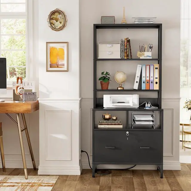 Alt view image 3 of 7 - File Cabinet with Charging Station, Vertical Filing Cabinet with Lock & Large Drawer, Printer Stand with Storage Shelves, Office Storage Cabinet fits Letter/A4/Legal Size, Black