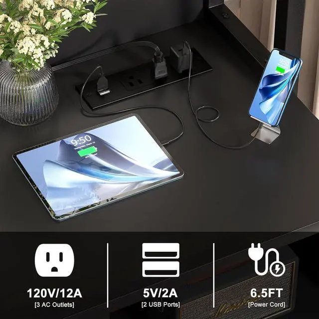 Alt view image 4 of 7 - File Cabinet with Charging Station, Vertical Filing Cabinet with Lock & Large Drawer, Printer Stand with Storage Shelves, Office Storage Cabinet fits Letter/A4/Legal Size, Black