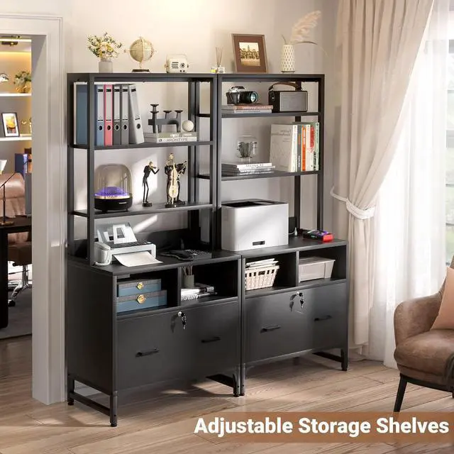 Alt view image 5 of 7 - File Cabinet with Charging Station, Vertical Filing Cabinet with Lock & Large Drawer, Printer Stand with Storage Shelves, Office Storage Cabinet fits Letter/A4/Legal Size, Black