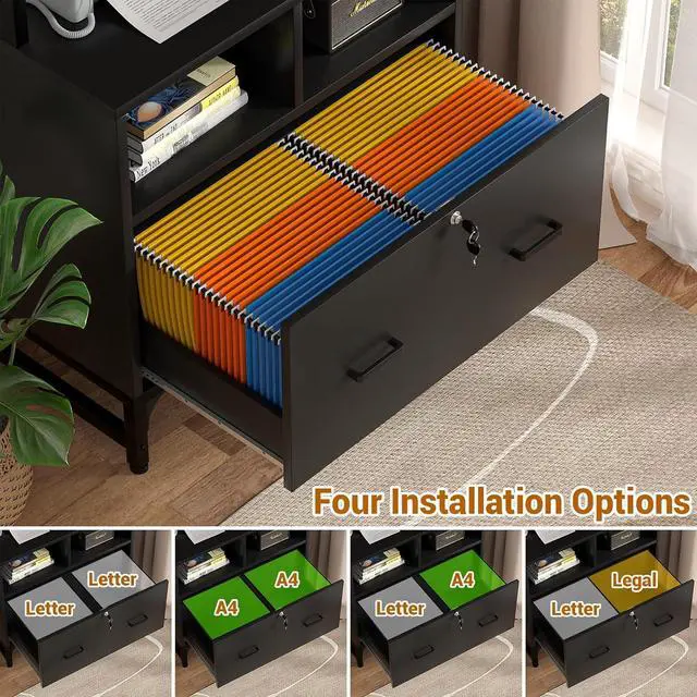 Alt view image 6 of 7 - File Cabinet with Charging Station, Vertical Filing Cabinet with Lock & Large Drawer, Printer Stand with Storage Shelves, Office Storage Cabinet fits Letter/A4/Legal Size, Black