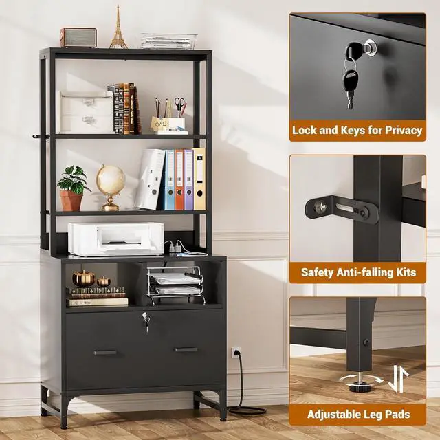 Alt view image 7 of 7 - File Cabinet with Charging Station, Vertical Filing Cabinet with Lock & Large Drawer, Printer Stand with Storage Shelves, Office Storage Cabinet fits Letter/A4/Legal Size, Black