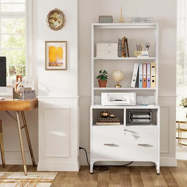 Alt view image 3 of 7 - Vertical File Cabinet with Charging Station, Lock & Large Drawer, Printer Stand with Storage Shelves, Office Storage Cabinet fits Letter/A4/Legal Size, White