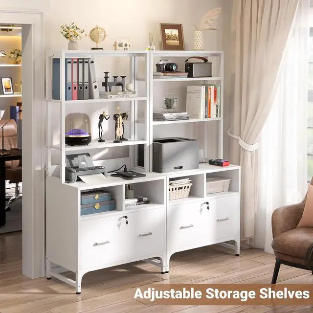 Alt view image 4 of 7 - Vertical File Cabinet with Charging Station, Lock & Large Drawer, Printer Stand with Storage Shelves, Office Storage Cabinet fits Letter/A4/Legal Size, White