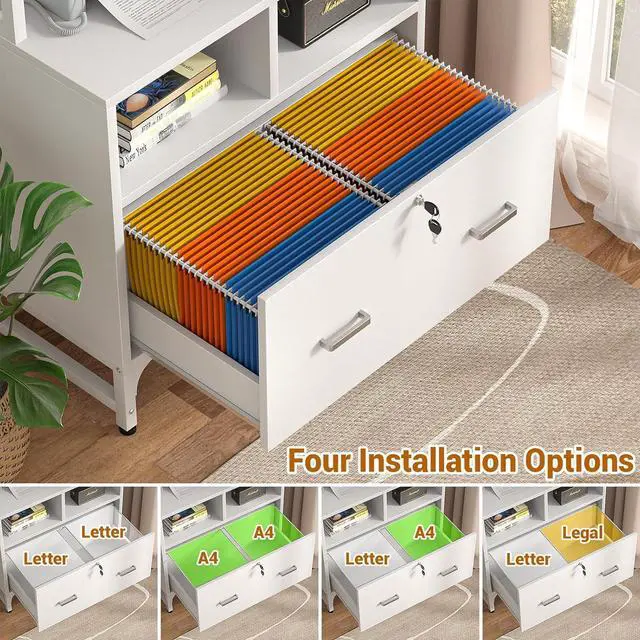 Alt view image 6 of 7 - Vertical File Cabinet with Charging Station, Lock & Large Drawer, Printer Stand with Storage Shelves, Office Storage Cabinet fits Letter/A4/Legal Size, White