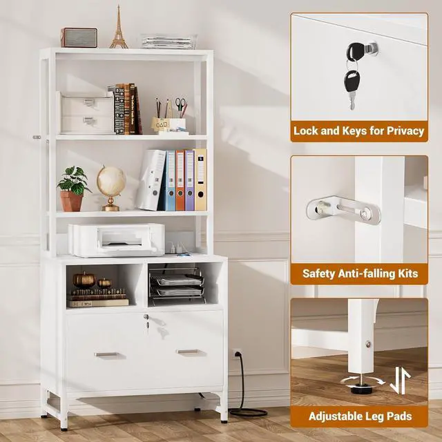 Alt view image 7 of 7 - Vertical File Cabinet with Charging Station, Lock & Large Drawer, Printer Stand with Storage Shelves, Office Storage Cabinet fits Letter/A4/Legal Size, White