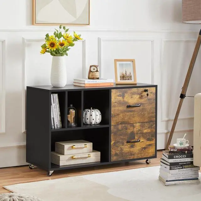 Alt view image 2 of 7 - File Cabinets Large Rolling Filing Cabinet Printer Stand on Wheels for Home Office,with 4 Open Storage Shelves,Letter Size A4 Size,Black/Rustic Brown