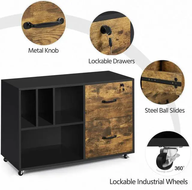 Alt view image 4 of 7 - File Cabinets Large Rolling Filing Cabinet Printer Stand on Wheels for Home Office,with 4 Open Storage Shelves,Letter Size A4 Size,Black/Rustic Brown