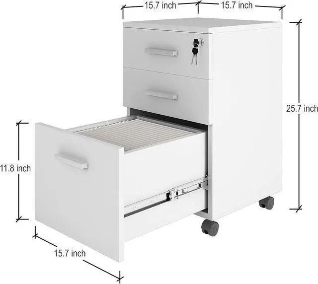 Alt view image 2 of 6 - Modern Design Lazio White File Cabinet, Filing Cabinets for Home Office, Drawers for Under Desk, Locking 3 Drawer Rolling Wood File Cabinet with Lock, by Crafts and Comfort