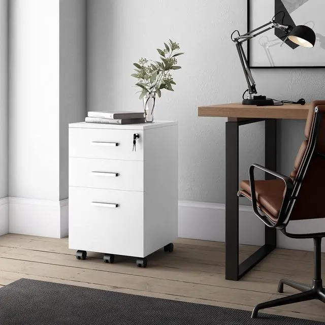 Alt view image 4 of 6 - Modern Design Lazio White File Cabinet, Filing Cabinets for Home Office, Drawers for Under Desk, Locking 3 Drawer Rolling Wood File Cabinet with Lock, by Crafts and Comfort