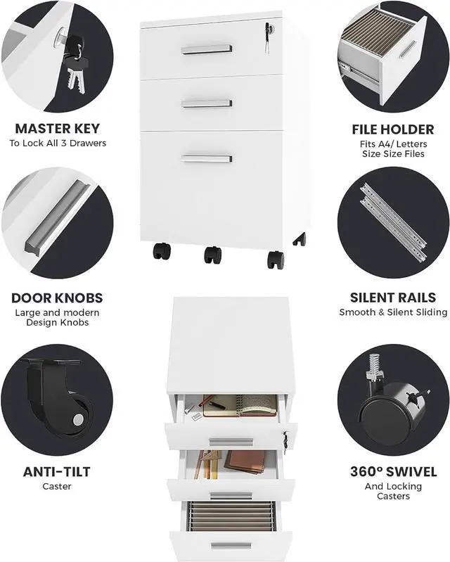 Alt view image 5 of 6 - Modern Design Lazio White File Cabinet, Filing Cabinets for Home Office, Drawers for Under Desk, Locking 3 Drawer Rolling Wood File Cabinet with Lock, by Crafts and Comfort