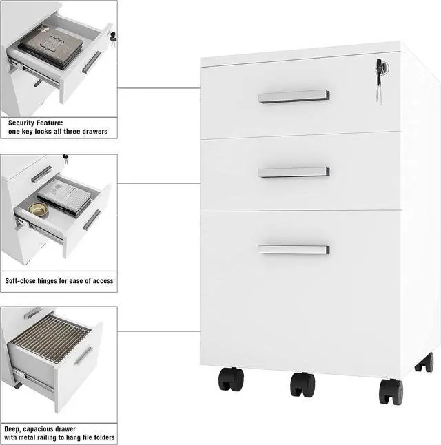 Alt view image 6 of 6 - Modern Design Lazio White File Cabinet, Filing Cabinets for Home Office, Drawers for Under Desk, Locking 3 Drawer Rolling Wood File Cabinet with Lock, by Crafts and Comfort