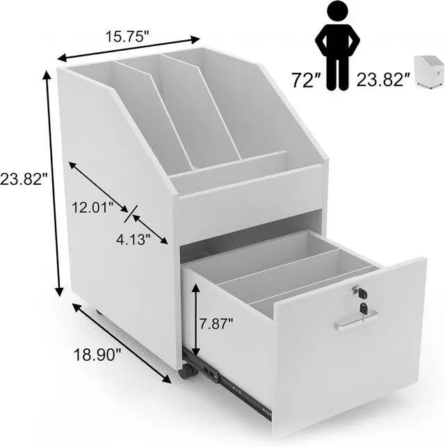 Alt view image 3 of 6 - Mobile File Cabinet with Lock,Under Desk Rolling File Cabinets for Home Office,Wood Filing Cabinet (White)