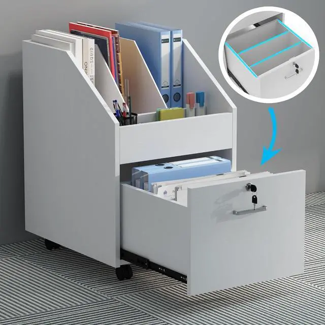 Alt view image 4 of 6 - Mobile File Cabinet with Lock,Under Desk Rolling File Cabinets for Home Office,Wood Filing Cabinet (White)