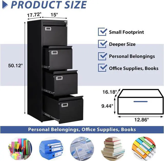 Alt view image 3 of 7 - 4 Drawer File Cabinet, Filing Cabinets for Home Office, Metal Vertical File Storage Cabinet with Lock, Locking File Cabinet for A4 Legal/Letter, 15" W x 17.7" D x 50.1" H, Assembly Required