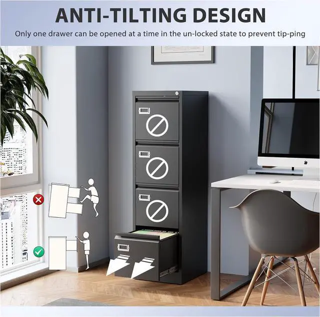 Alt view image 4 of 7 - 4 Drawer File Cabinet, Filing Cabinets for Home Office, Metal Vertical File Storage Cabinet with Lock, Locking File Cabinet for A4 Legal/Letter, 15" W x 17.7" D x 50.1" H, Assembly Required