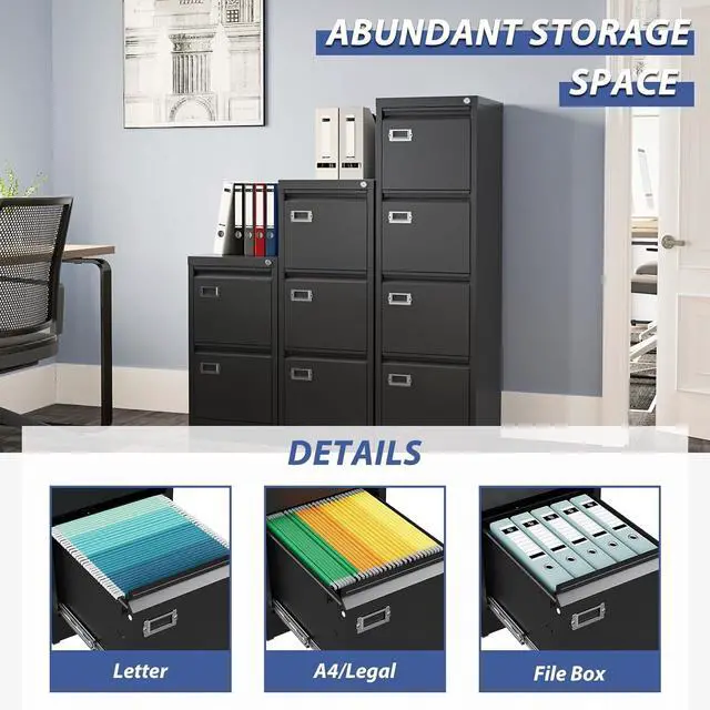 Alt view image 6 of 7 - 4 Drawer File Cabinet, Filing Cabinets for Home Office, Metal Vertical File Storage Cabinet with Lock, Locking File Cabinet for A4 Legal/Letter, 15" W x 17.7" D x 50.1" H, Assembly Required