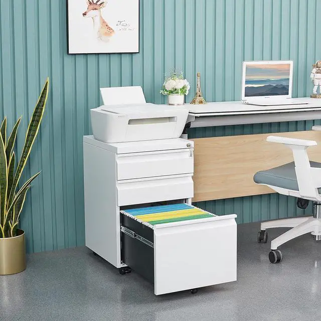 Alt view image 2 of 7 - Filing Cabinet 3 Drawer, Locking File Cabinets for Home Office, Mobile Filing Cabinet for A4/Letter/Legal Size File Folders, Fully Assembled, Matte White